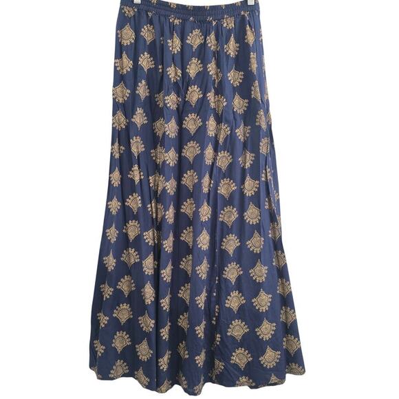 Women's Navy Blue Gold Metallic Geo Print Maxi Skirt A-Line Elegant Boho Resort - Picture 4 of 7